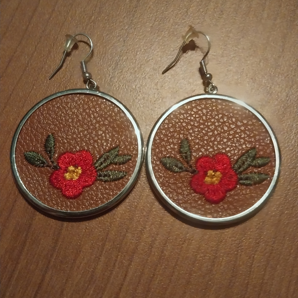 Embroidered Brown Pleather Earrings